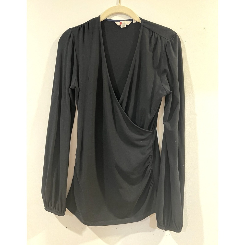 Boden Women's Size 8 Black V-Neck Wrap Ruched Long Sleeve Blouse Soft Stretch
